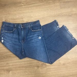 J Brand Ladies Denim, Faded, Torn Fabric, High Waisted, 1 button, Zippered Jeans